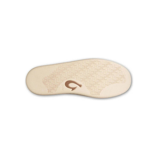 Beige shoe outsole with textured tread and a brown logo at center