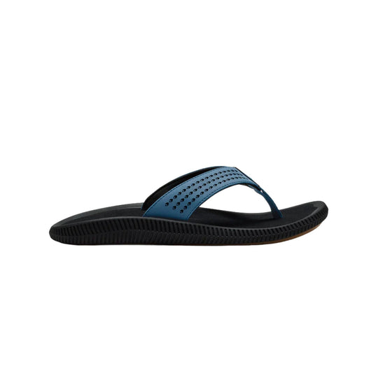 Blue and black thong sandal with perforated strap and ribbed sole