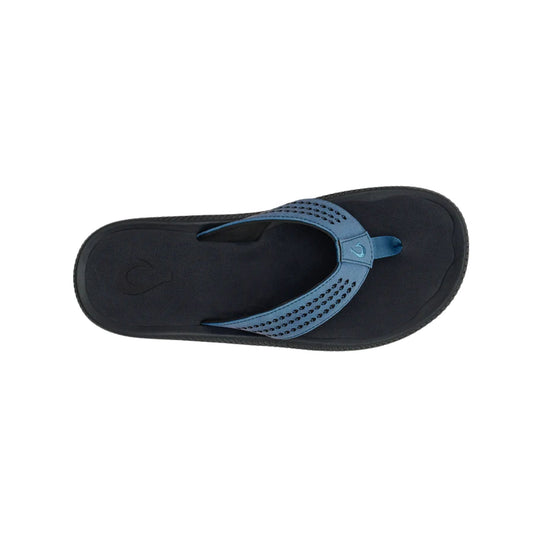 Black flip-flop sandal with a blue perforated strap and toe post, shown from above