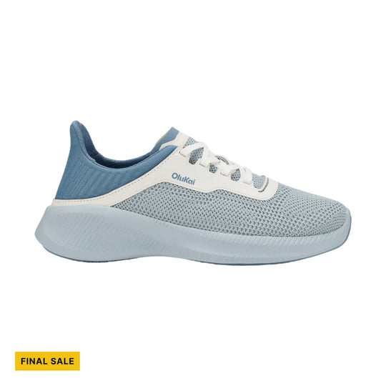 Light blue knit sneaker with white overlays, white laces, and a thick molded sole