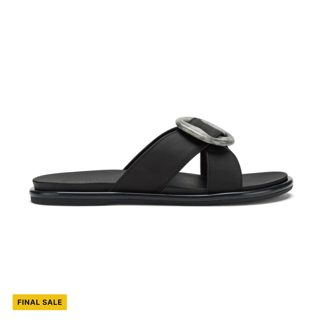 Black slide sandal with a wide strap and large silver buckle, shown in side view; FINAL SALE