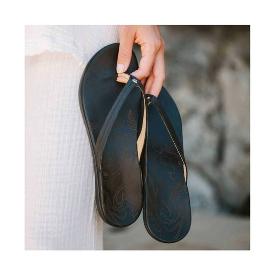 Pair of dark leather flip-flops held by a hand