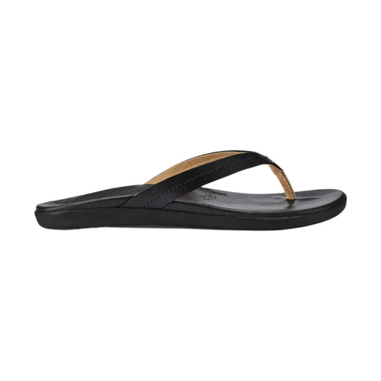 Black thong sandal with a tan toe post and contoured footbed