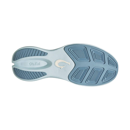Blue shoe outsole with molded tread and Olukai logo