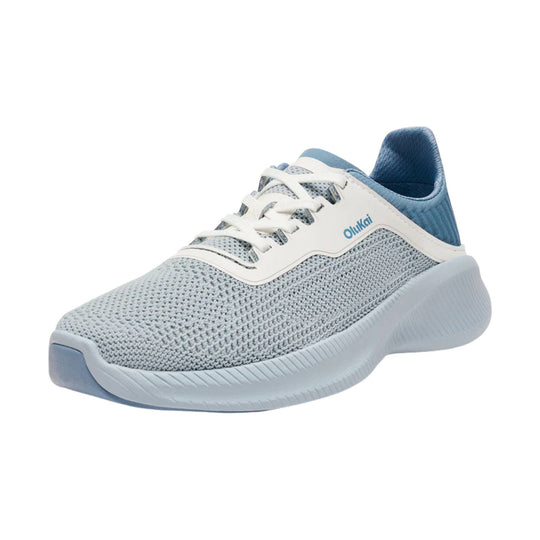 Light blue knit athletic sneaker with white laces and a white sole