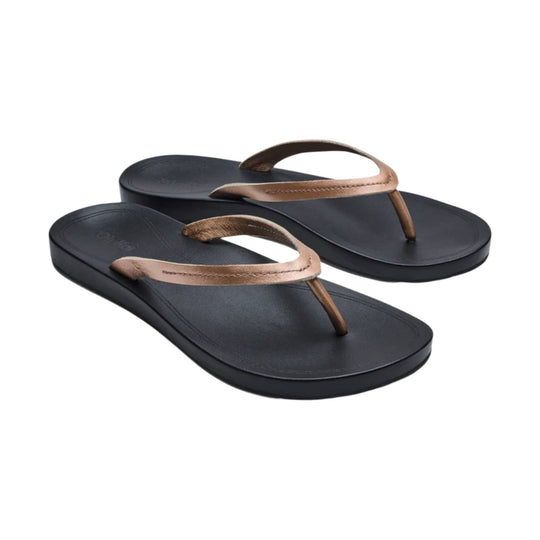 Black thong sandals with tan leather straps and wedge soles
