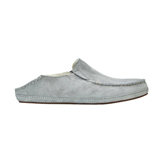 Light gray suede slip-on mule with moccasin stitching and an open heel