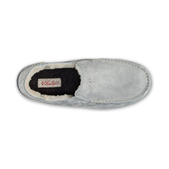 Gray suede slipper with black fleece lining and red logo label