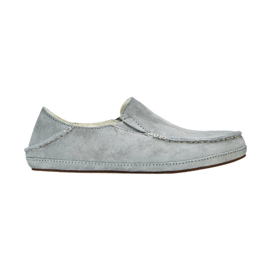 Light gray suede slip-on loafer mule with moc-toe stitching and tan outsole