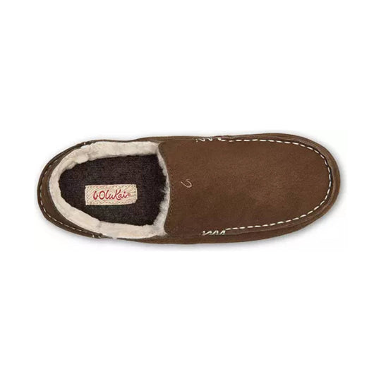 Brown shearling-lined slipper with moc toe stitching and visible Olukai label