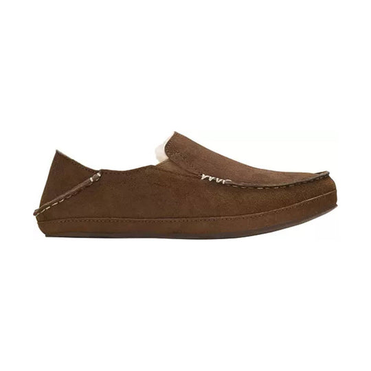 Brown suede slip-on moccasin slipper with a closed toe and stitched sole