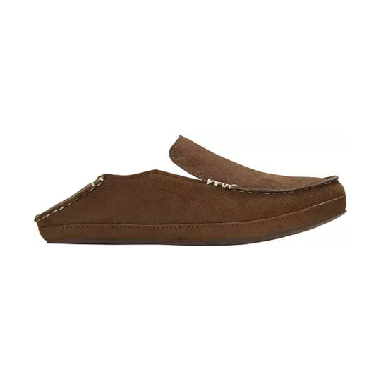 Brown suede slip-on moccasin slipper with stitched seams and a collapsible heel