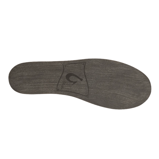Dark brown slipper insole with an embossed logo and stitched heel cup
