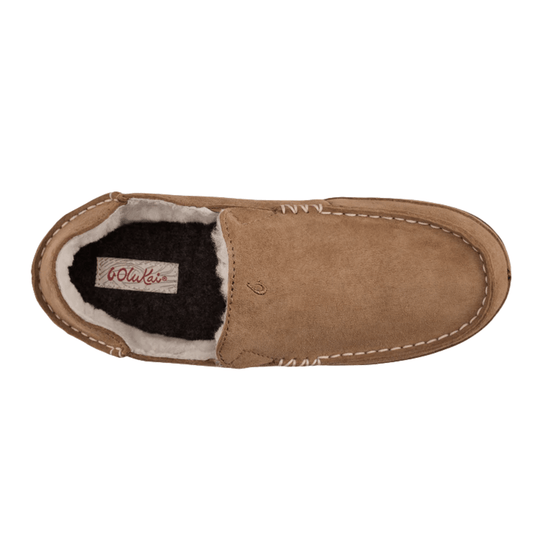 Tan suede slip-on slipper with white whipstitch trim and black fleece lining, shown from above