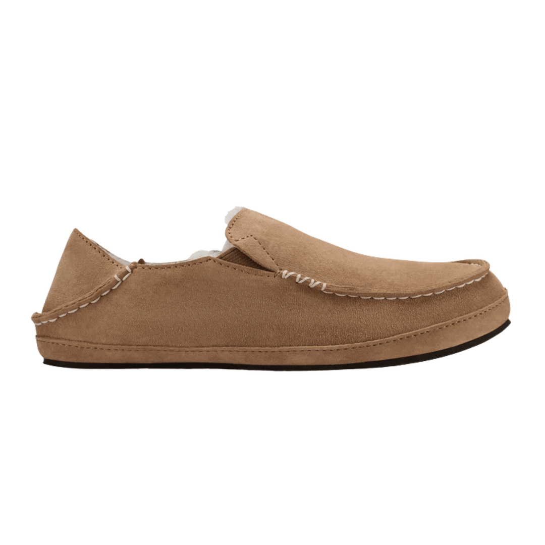 Tan suede slip-on loafer with moc toe stitching and white contrast seam detail