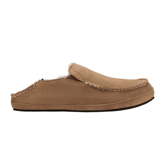 Tan suede slip-on moccasin slipper with white contrast stitching and a folded front flap