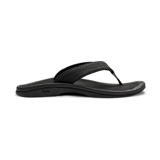 Black thong sandal with a textured strap and cushioned sole, side view