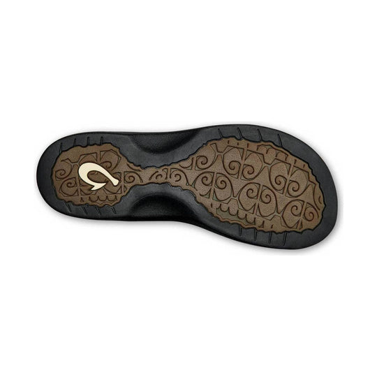 Black sandal outsole with brown patterned tread and a visible logo on the heel