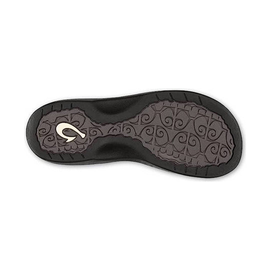 Black sandal outsole with gray patterned tread and a logo on the heel
