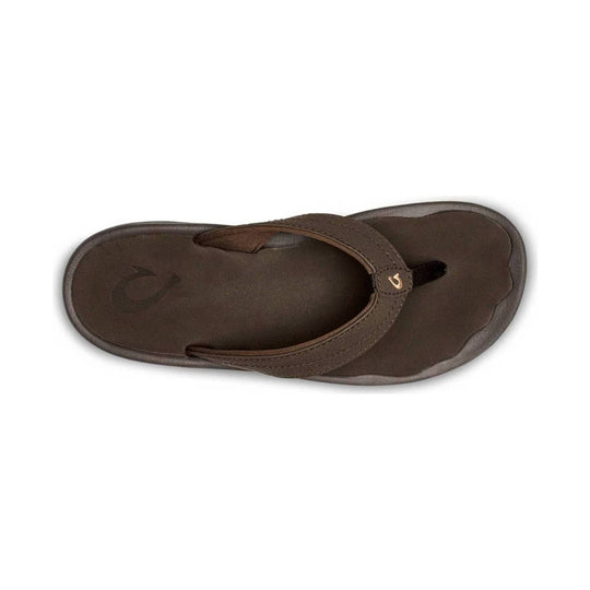Brown thong sandal shown from above with a padded footbed and stitched strap
