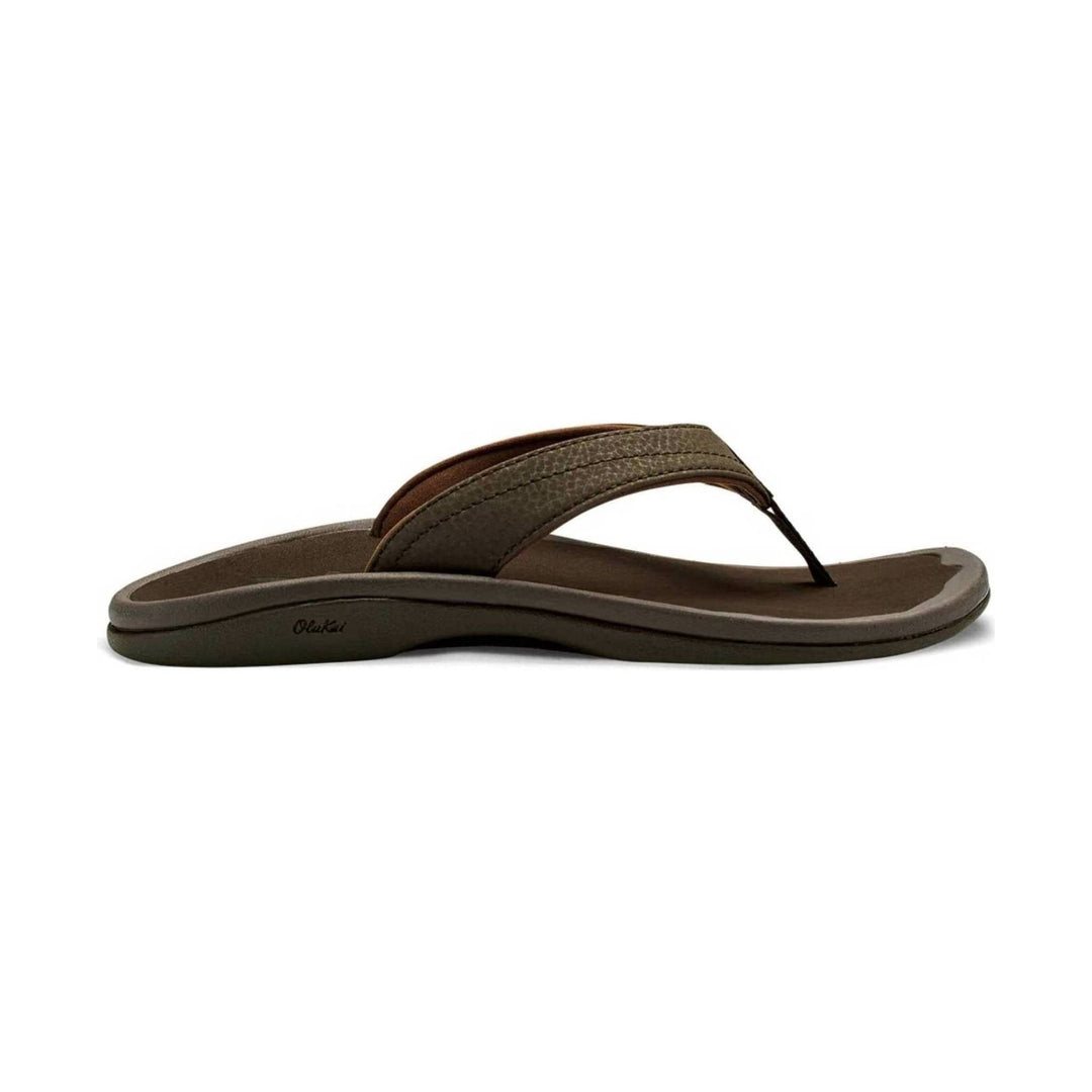Brown thong sandal in side view with textured strap and thick cushioned sole