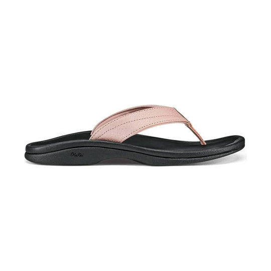 Pink thong sandal with black contoured footbed and visible side logo