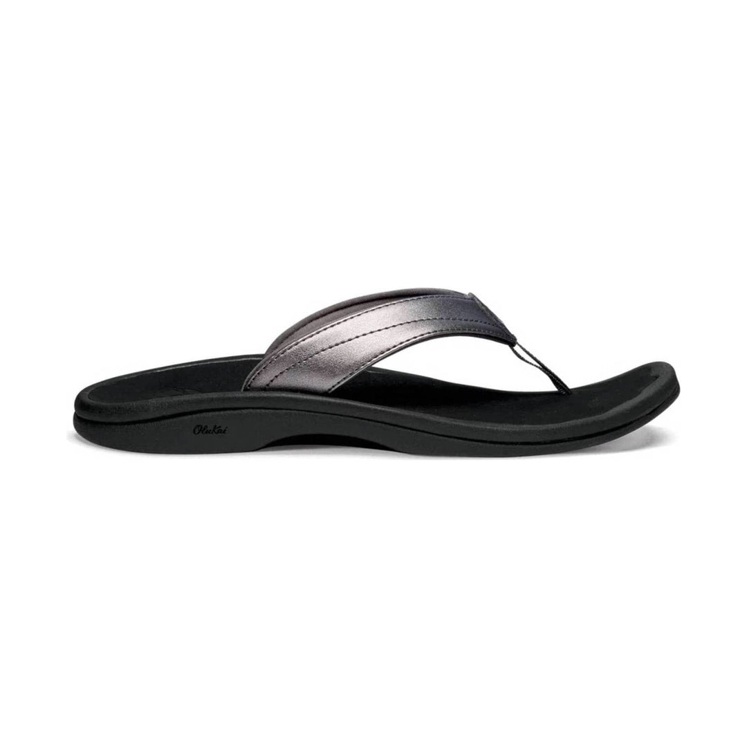 Black thong sandal with metallic gray strap and molded footbed