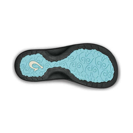 Black sandal outsole with turquoise tread pattern and a logo on the heel