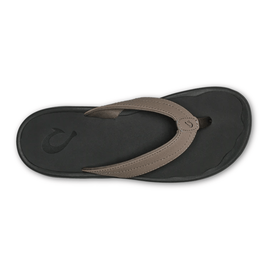 Black and taupe thong sandal with a contoured footbed and stitched strap