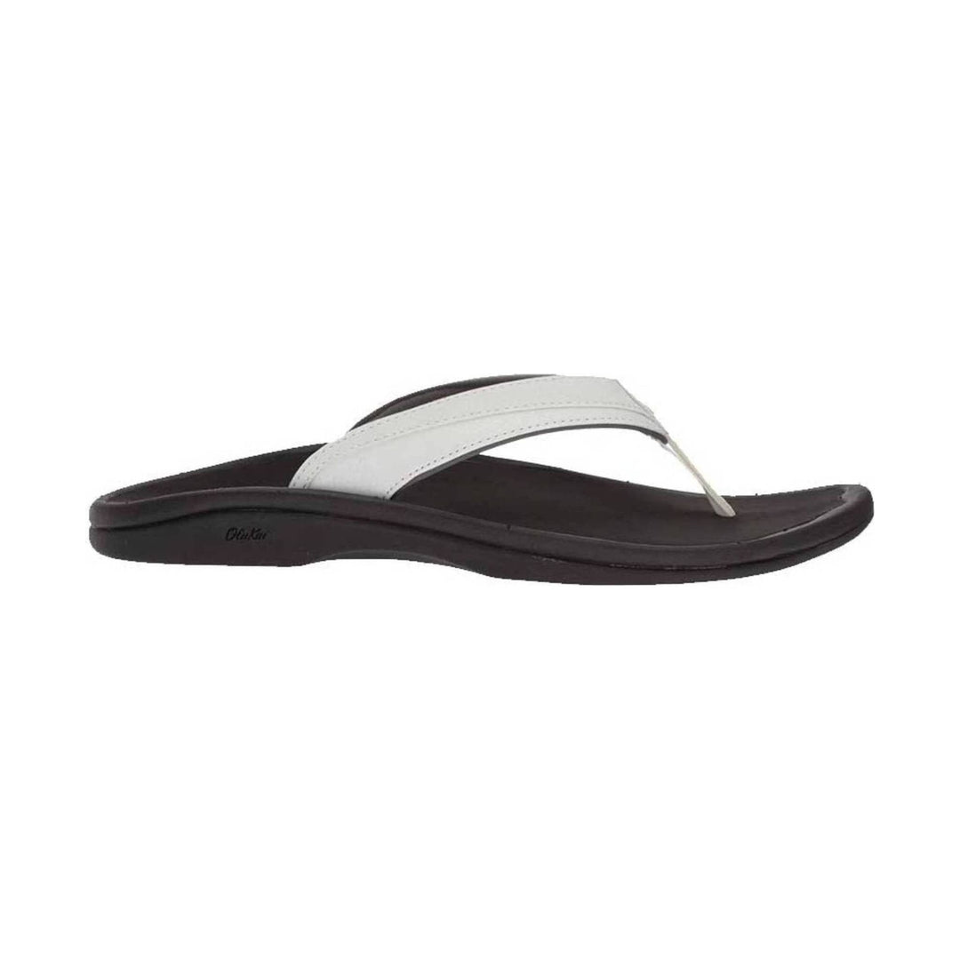 White thong sandal with a dark brown footbed and branded side logo