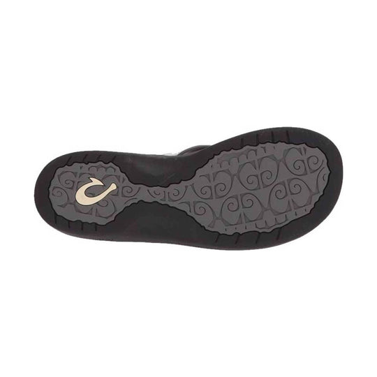 Black sandal sole with gray patterned tread and a logo on the heel