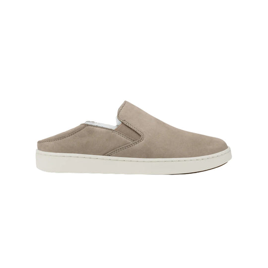 Beige suede slip-on clog with white platform sole