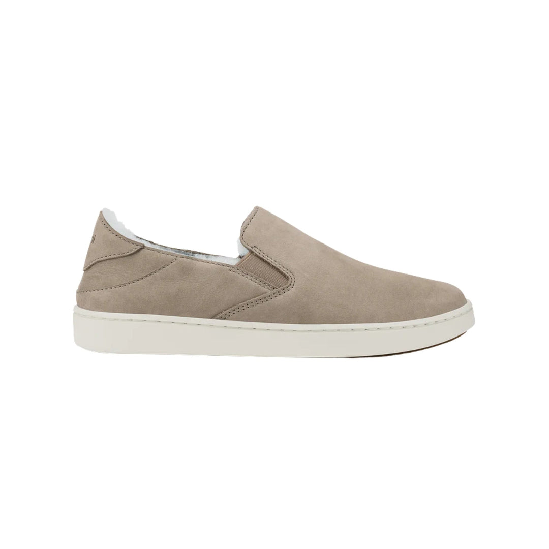 Taupe slip-on sneaker with suede upper, elastic side gusset, and white platform sole