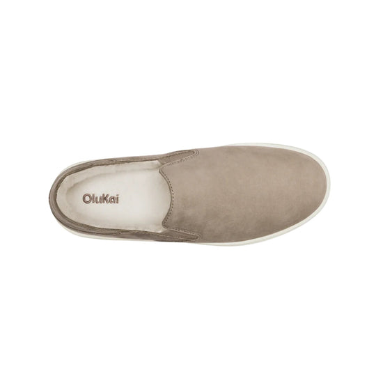 Taupe suede slip-on mule with fuzzy lining and embroidered Olukai logo