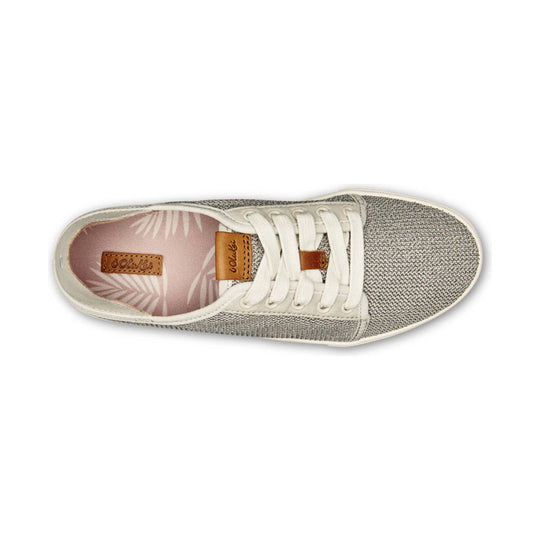Gray woven lace-up sneaker with white laces, tan leather accents, and pink palm-print insole