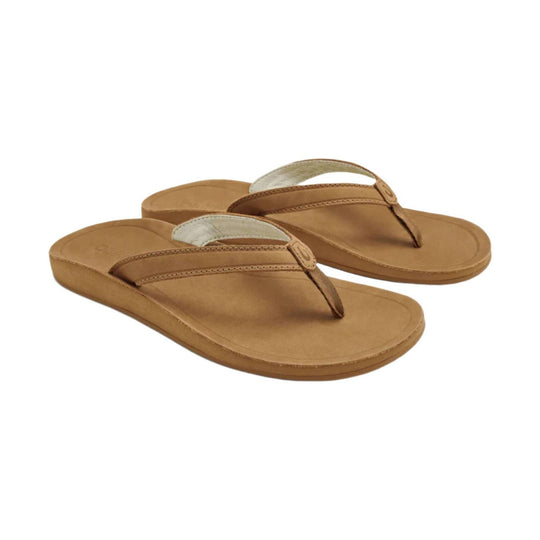 Tan thong sandals with cushioned soles and stitched straps