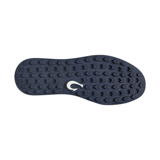 Dark rubber shoe outsole with arrow-shaped tread and a logo at the center