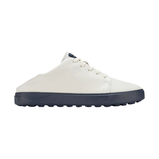 White lace-up golf shoe with a dark navy sole