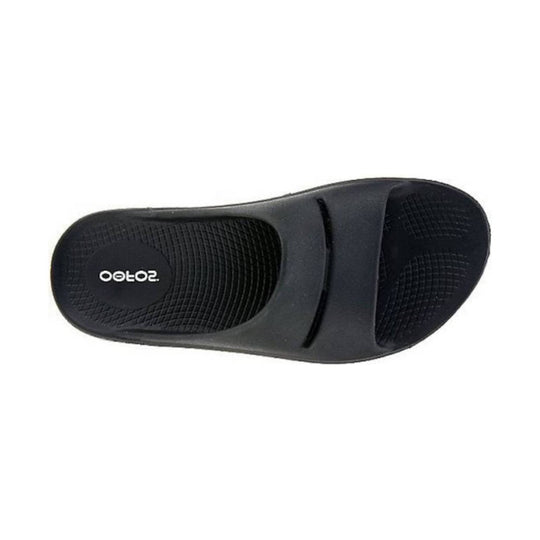 Black sandal with 'Olo' branding on a white background