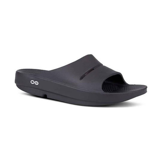 Black sandal with a brand logo on a white background