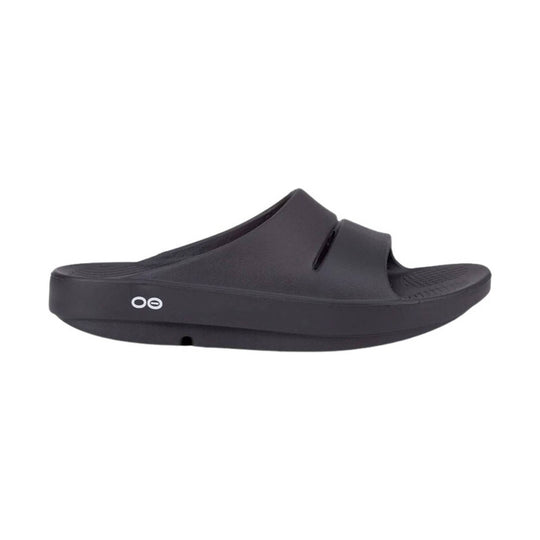 Black sandal with a brand logo on a white background