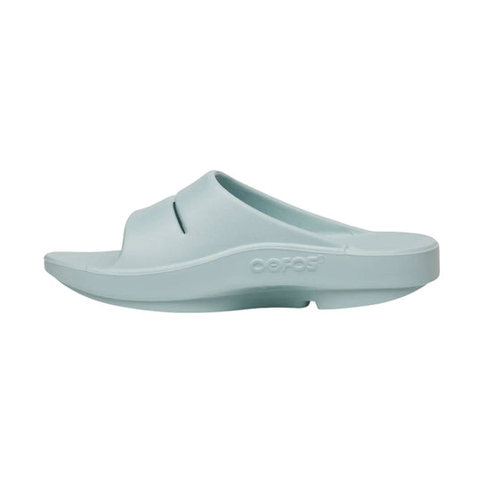Light blue slip-on slide sandal with a thick contoured sole