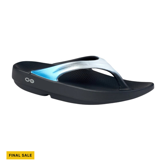 Black and silver thong sandal with blue accent strap and FINAL SALE label