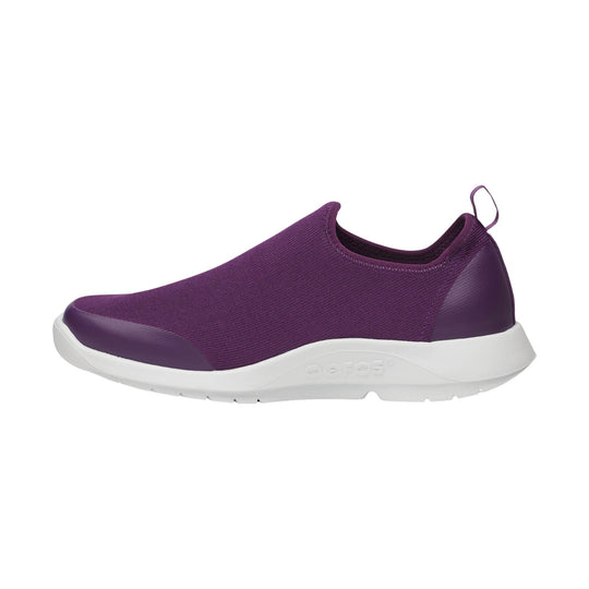 Purple slip-on athletic shoe with a white foam sole and pull tab