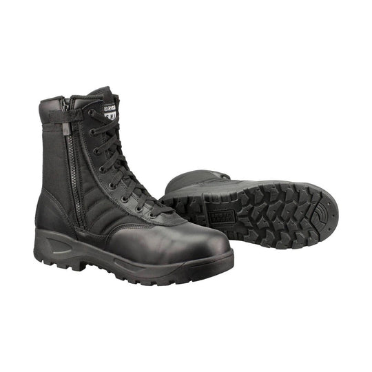Black lace-up tactical work boots with side zippers and rugged treaded soles