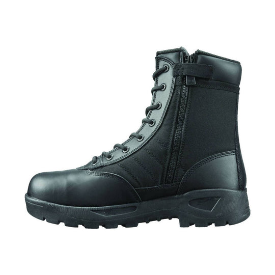 Black lace-up work boot with side zipper, reinforced toe cap, and rugged treaded sole