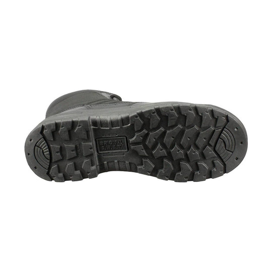Black work boot outsole with deep tread and Original S.W.A.T. marking
