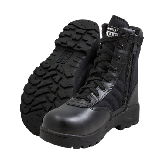 Black lace-up work boot with side zipper and rugged tread sole