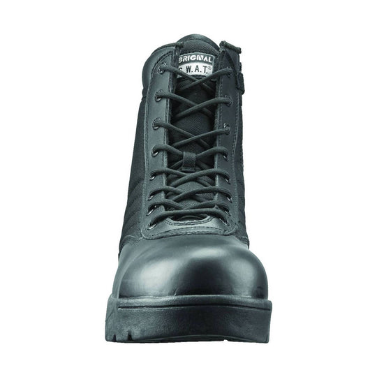 Black lace-up work boot with a side zipper, padded toe, and thick treaded sole