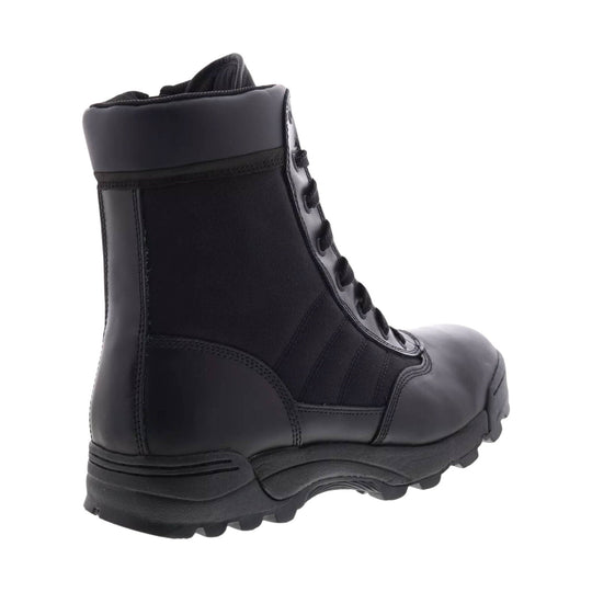 Black tactical work boot shown in side and back view with lace-up front and thick tread sole